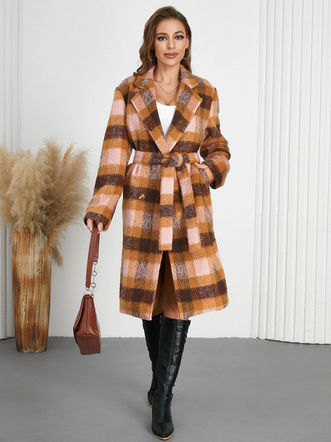 Tied Plaid Collared Neck Coat Hot Sale Today Today Only Offer
