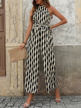 Tied Printed Grecian Neck Jumpsuit Special Deal Frenzy