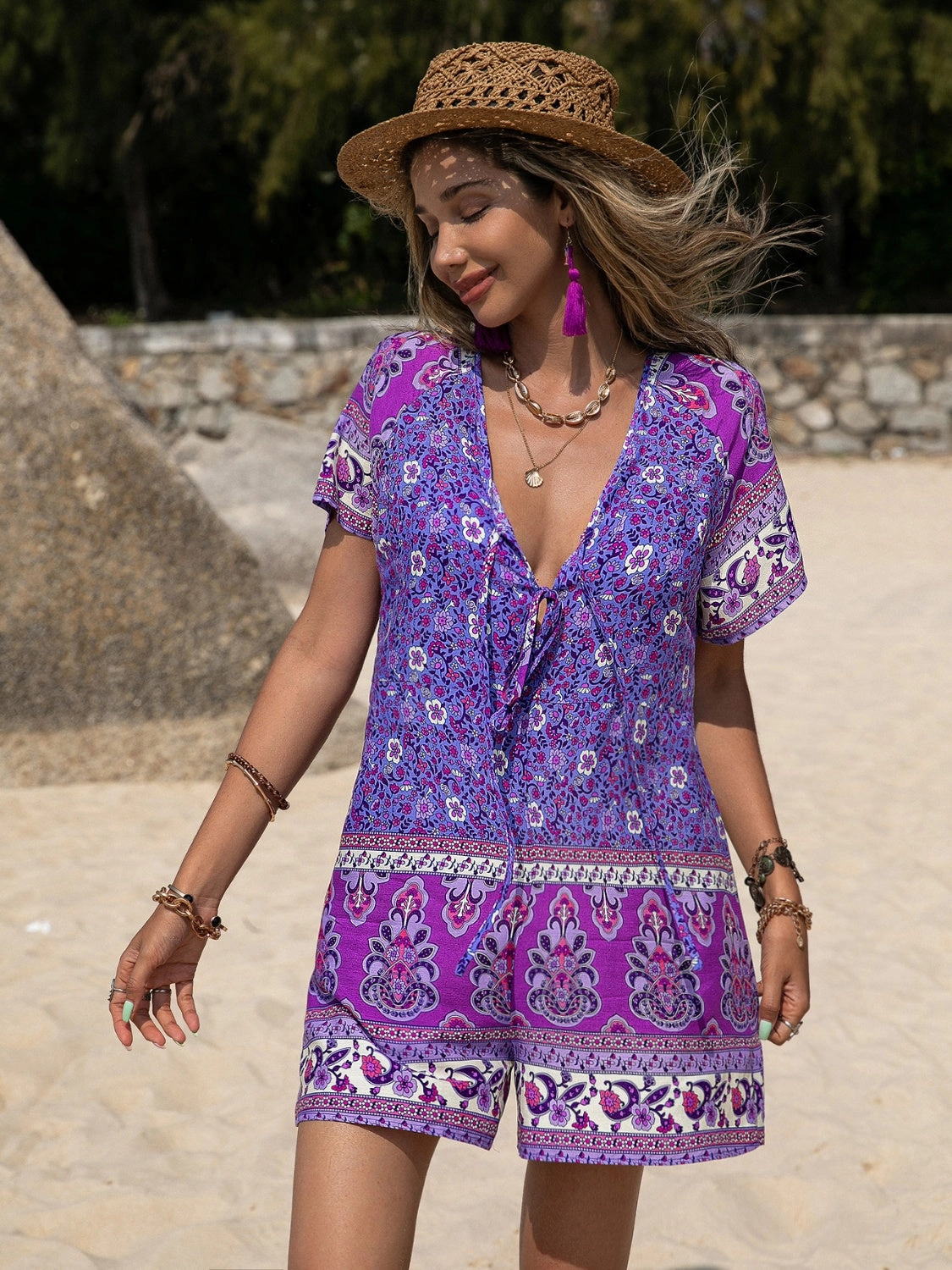 Tied Printed Short Sleeve Romper Flash Sale Now
