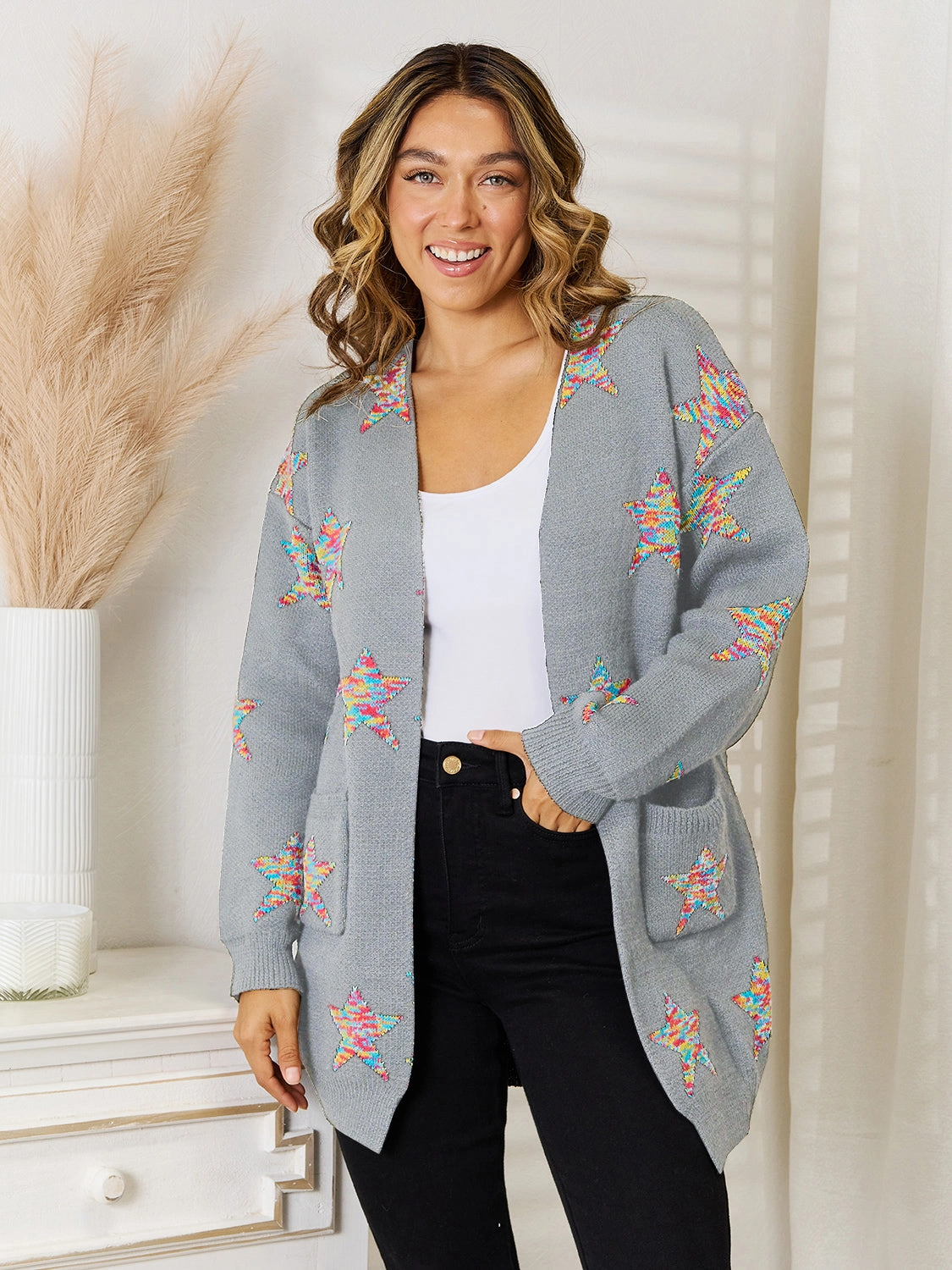 Angel Wings Star Pattern Open Front Cardigan With Pockets Hot Offer Event MustShop Sale