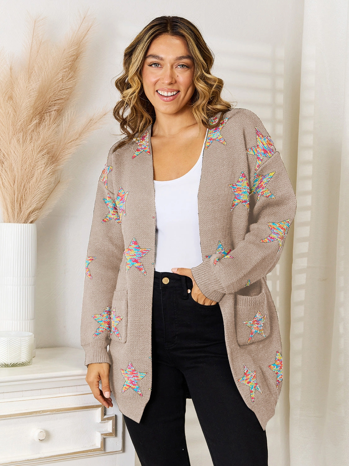 Sweet Deal Today Angel Wings Star Pattern Open Front Cardigan With Pockets