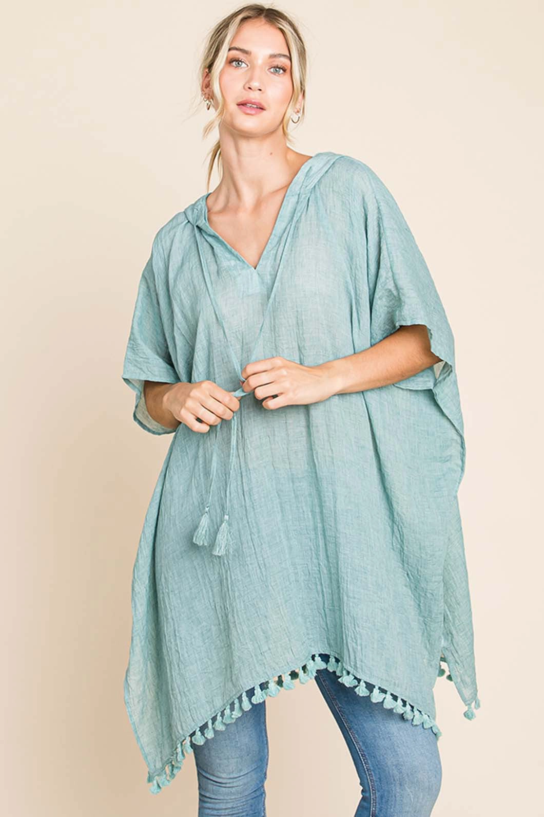 Clearance Savings Now Cotton Bleu By Nu Label Tassel Hem Hooded Cover Up