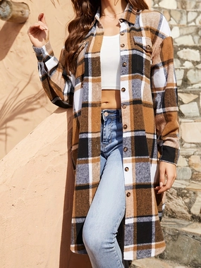Gift Sale Event Plaid Collared Neck Long Sleeve Jacket