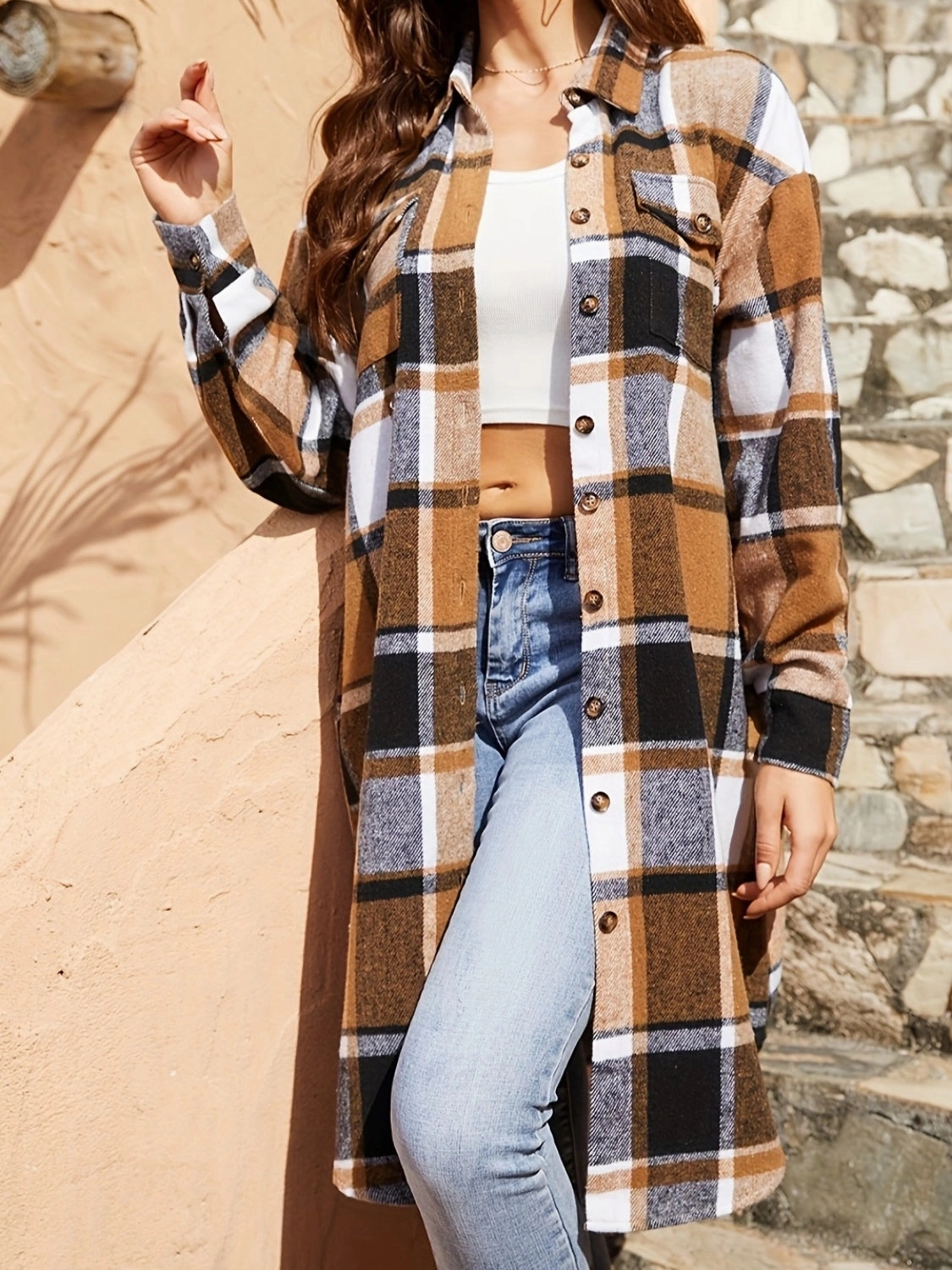 Plaid Collared Neck Long Sleeve Jacket Trendy Picks Today
