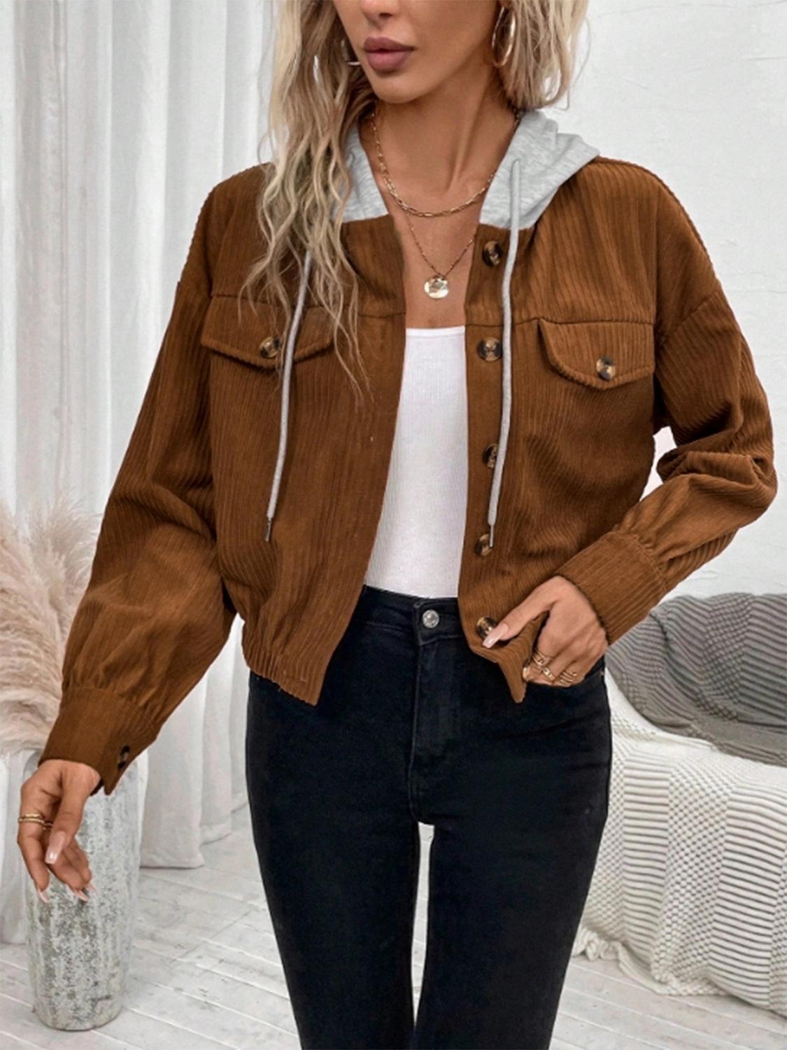 Grab It Before Gone MustShop Sale Button Up Drawstring Hooded Jacket