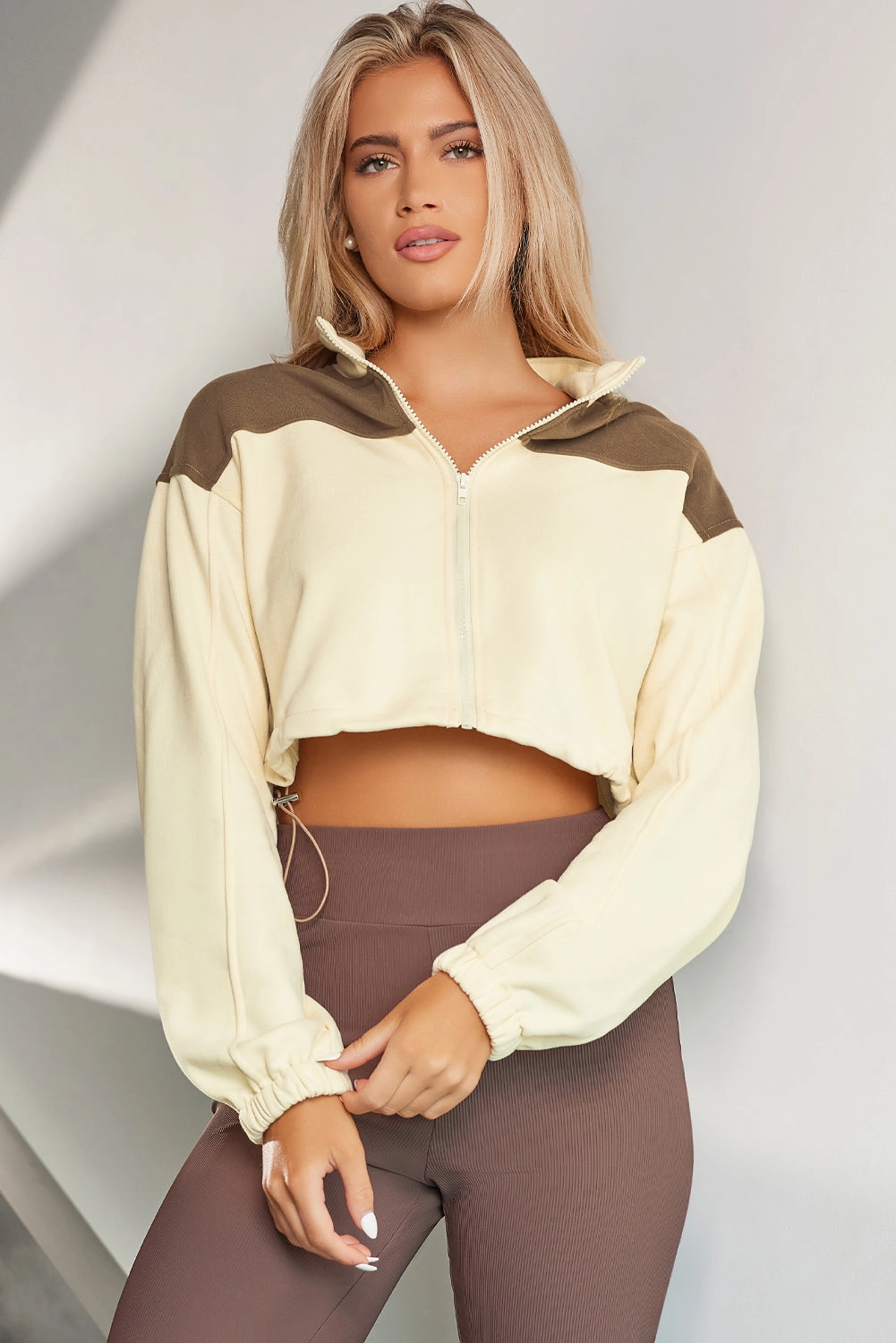 Contrast Drawstring Zip Up Jacket Dont Miss Out