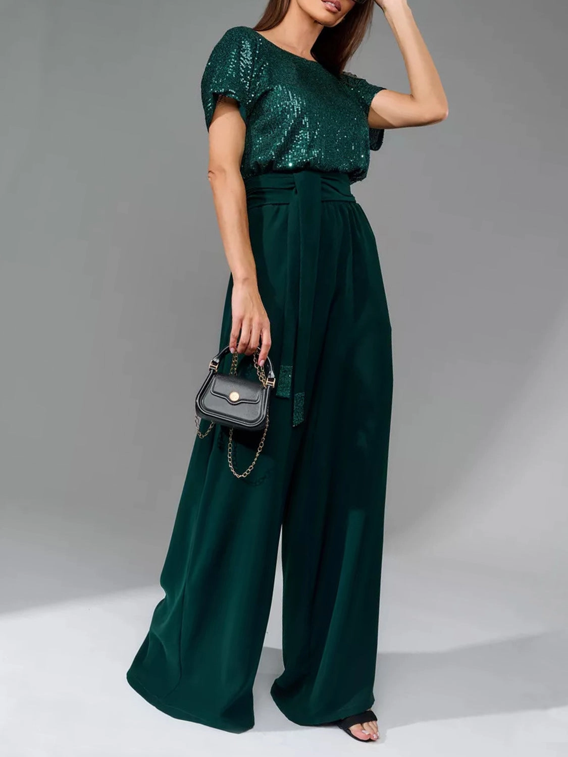 Clearance Event Alert Save Today Only Full Size Sequin Round Neck Short Sleeve Wide Leg Jumpsuit