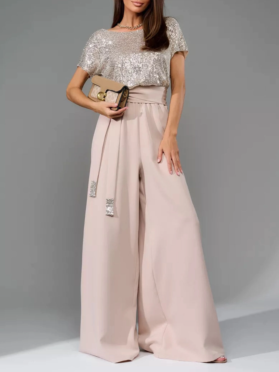 Full Size Sequin Round Neck Short Sleeve Wide Leg Jumpsuit Hot Offer Inside Instant Savings Deal