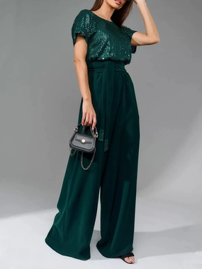 Clearance Event Alert Save Today Only Full Size Sequin Round Neck Short Sleeve Wide Leg Jumpsuit