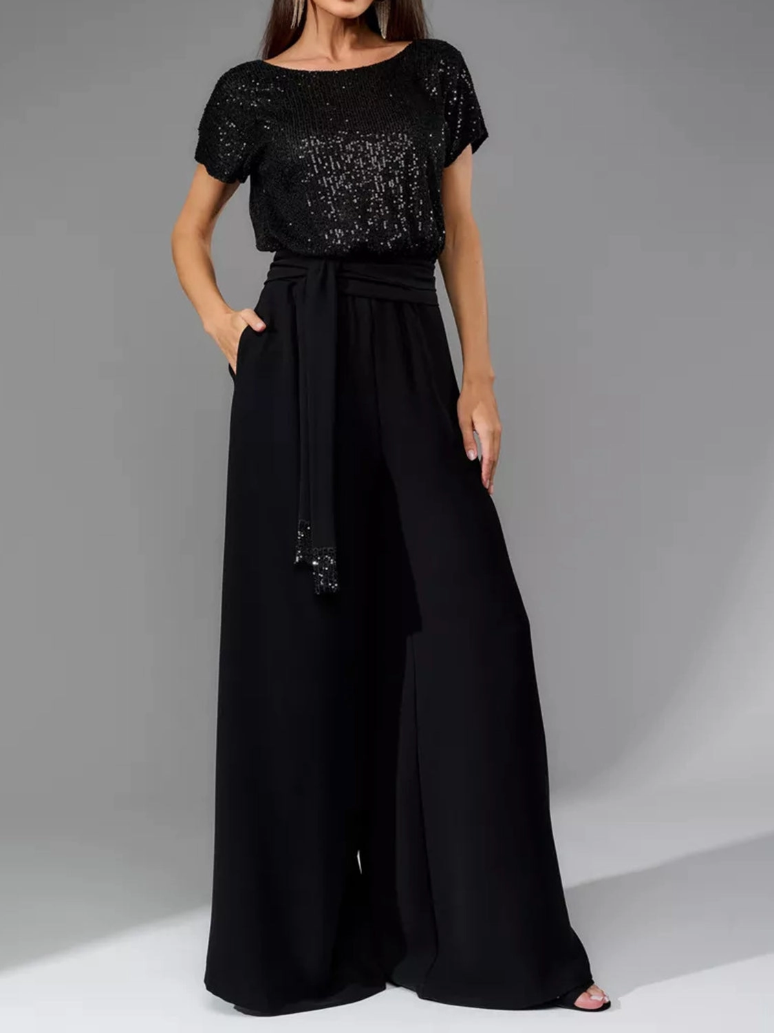 Full Size Sequin Round Neck Short Sleeve Wide Leg Jumpsuit Perfect Gift Sale Special Surprise Sale
