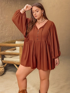 Best Deal Today Plus Size Ruched Tie Neck Balloon Sleeve Romper