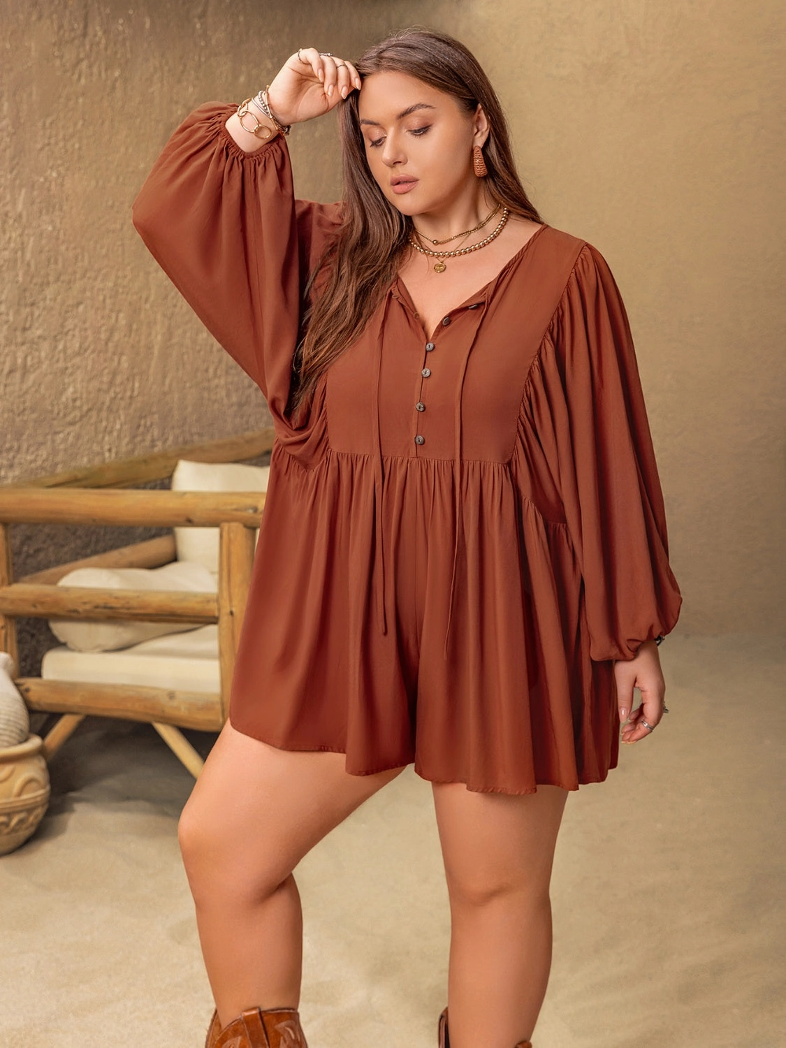 Best Deal Today Plus Size Ruched Tie Neck Balloon Sleeve Romper
