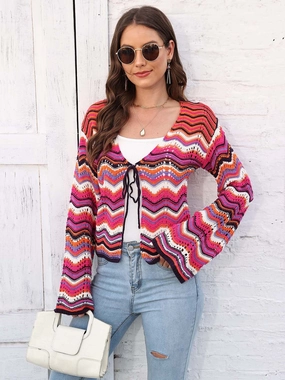 Shop Smart Save Striped Openwork Tied Cardigan