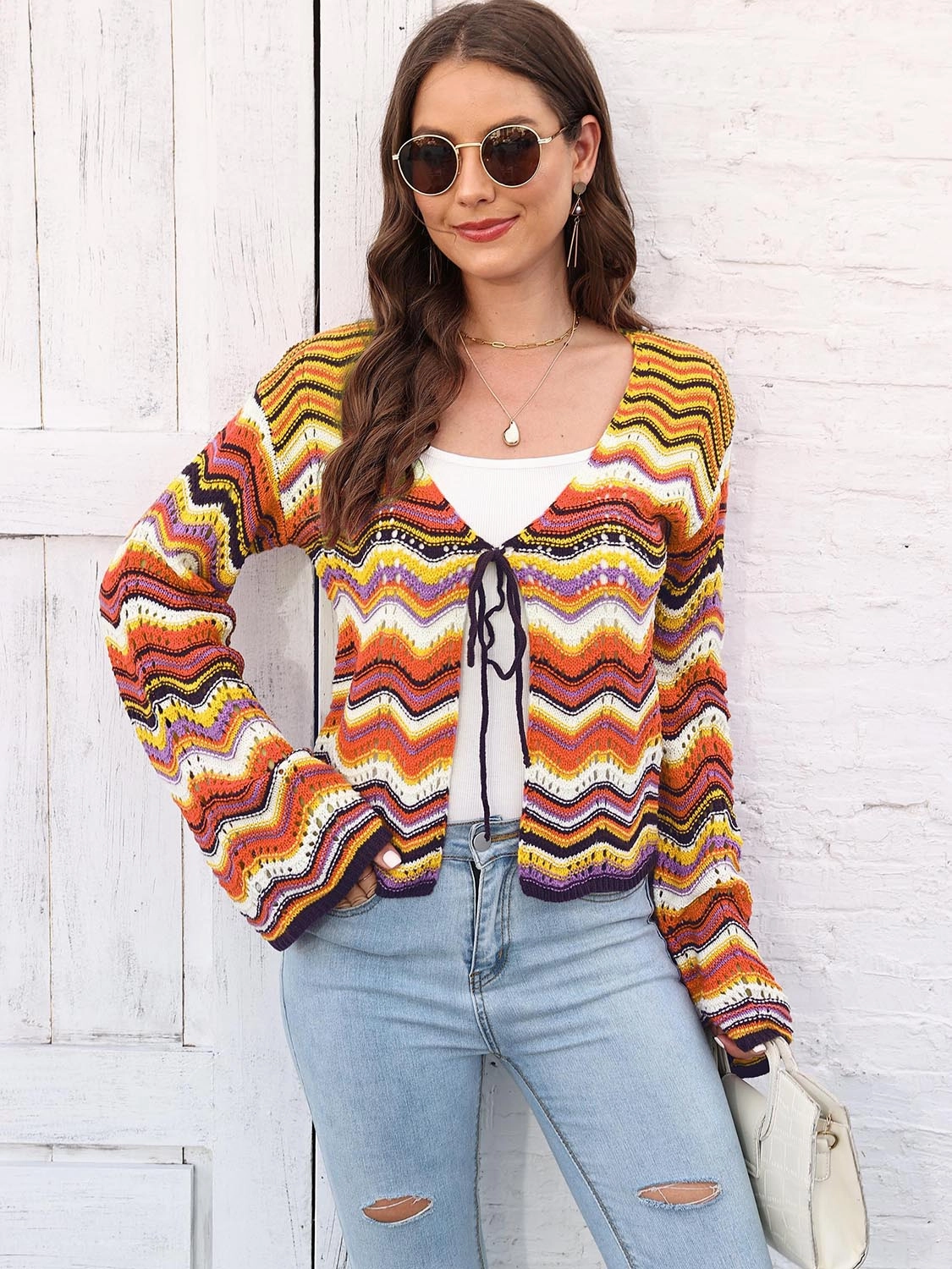 Striped Openwork Tied Cardigan Grab Todays Deal
