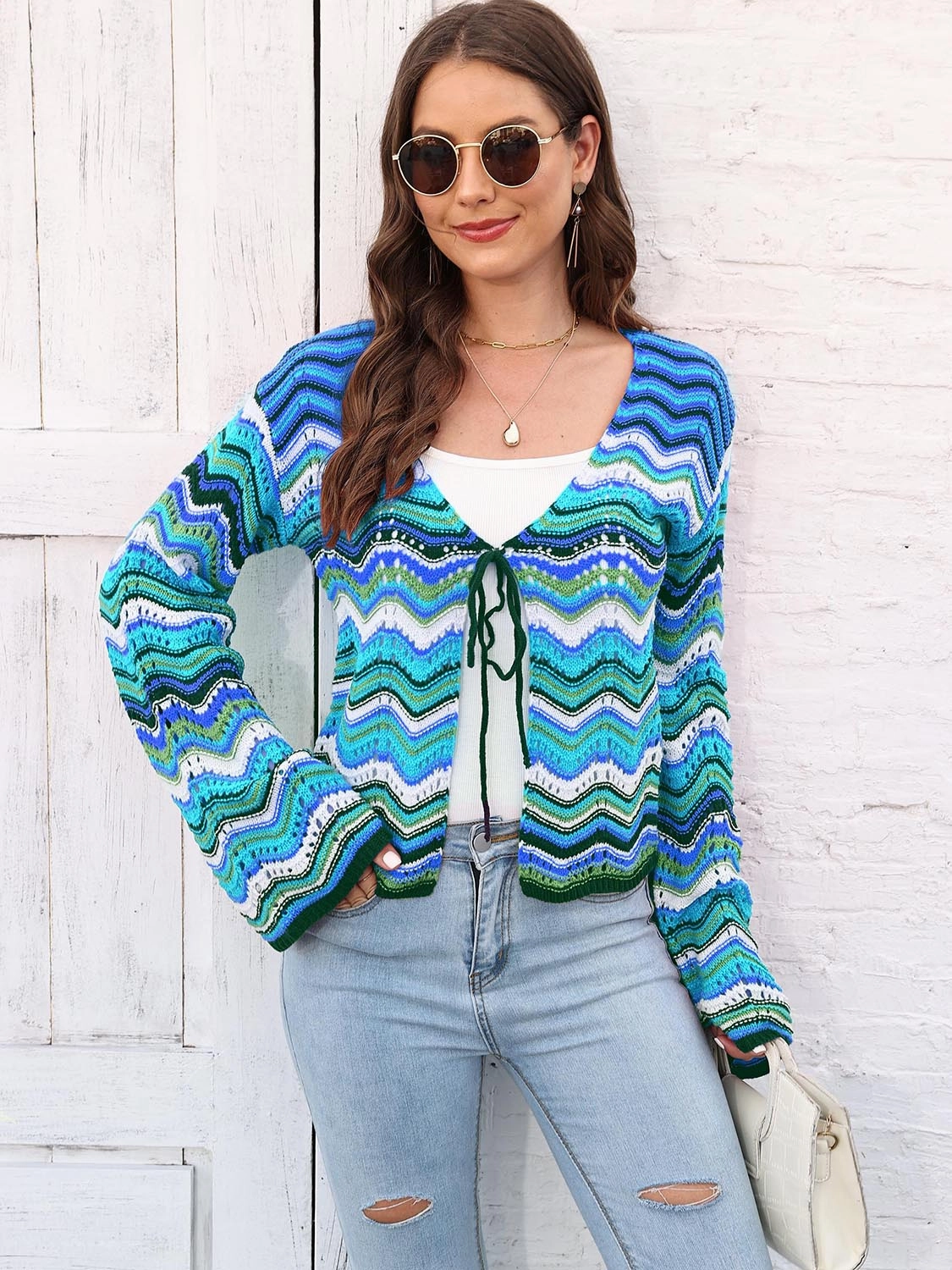 Striped Openwork Tied Cardigan Shop Grab Now