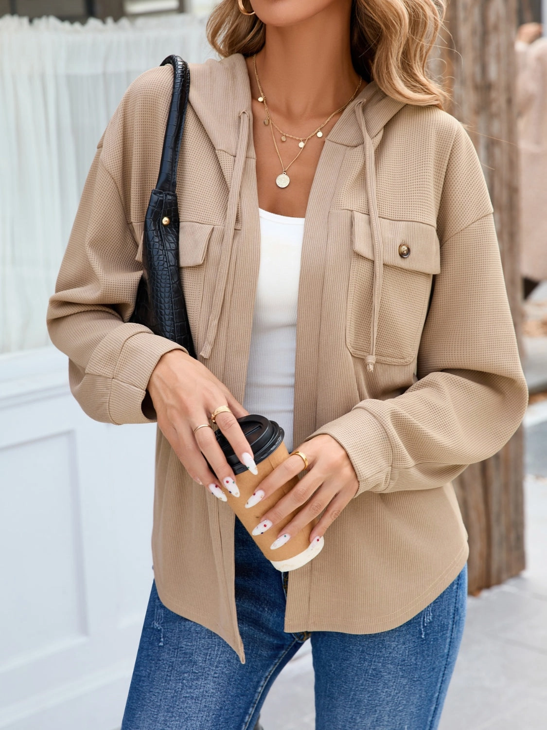 Waffle Knit Open Front Hooded Outerwear Clearance Event Alert Exclusive Holiday Deal