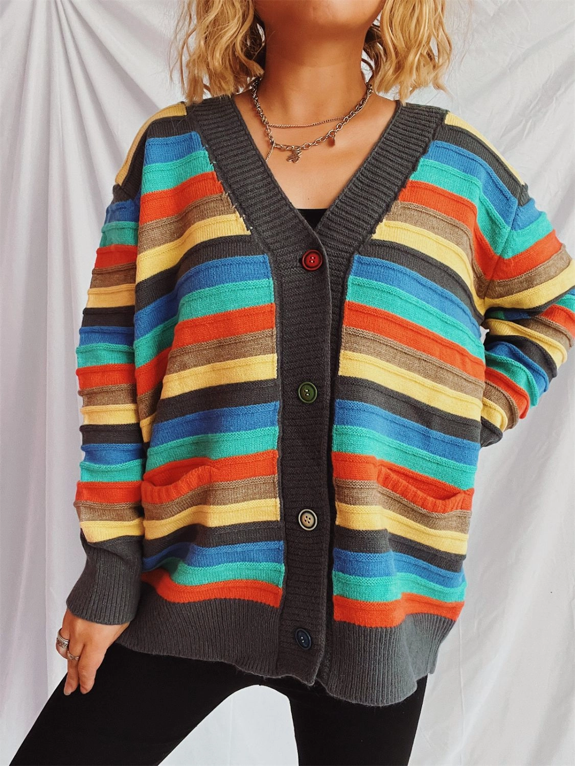Contrast Stripes Button Up Long Sleeve Cardigan Best Seller Deal