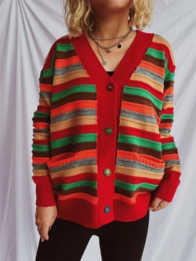 Contrast Stripes Button Up Long Sleeve Cardigan Mega Hot Offer