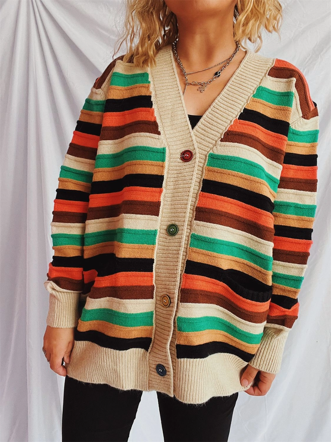 Contrast Stripes Button Up Long Sleeve Cardigan Biggest Savings Now Todays Hot Savings
