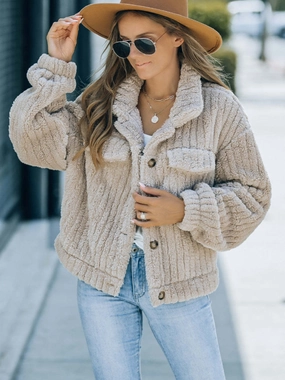 Hot Offer Inside Fuzzy Button Up Collared Neck Jacket