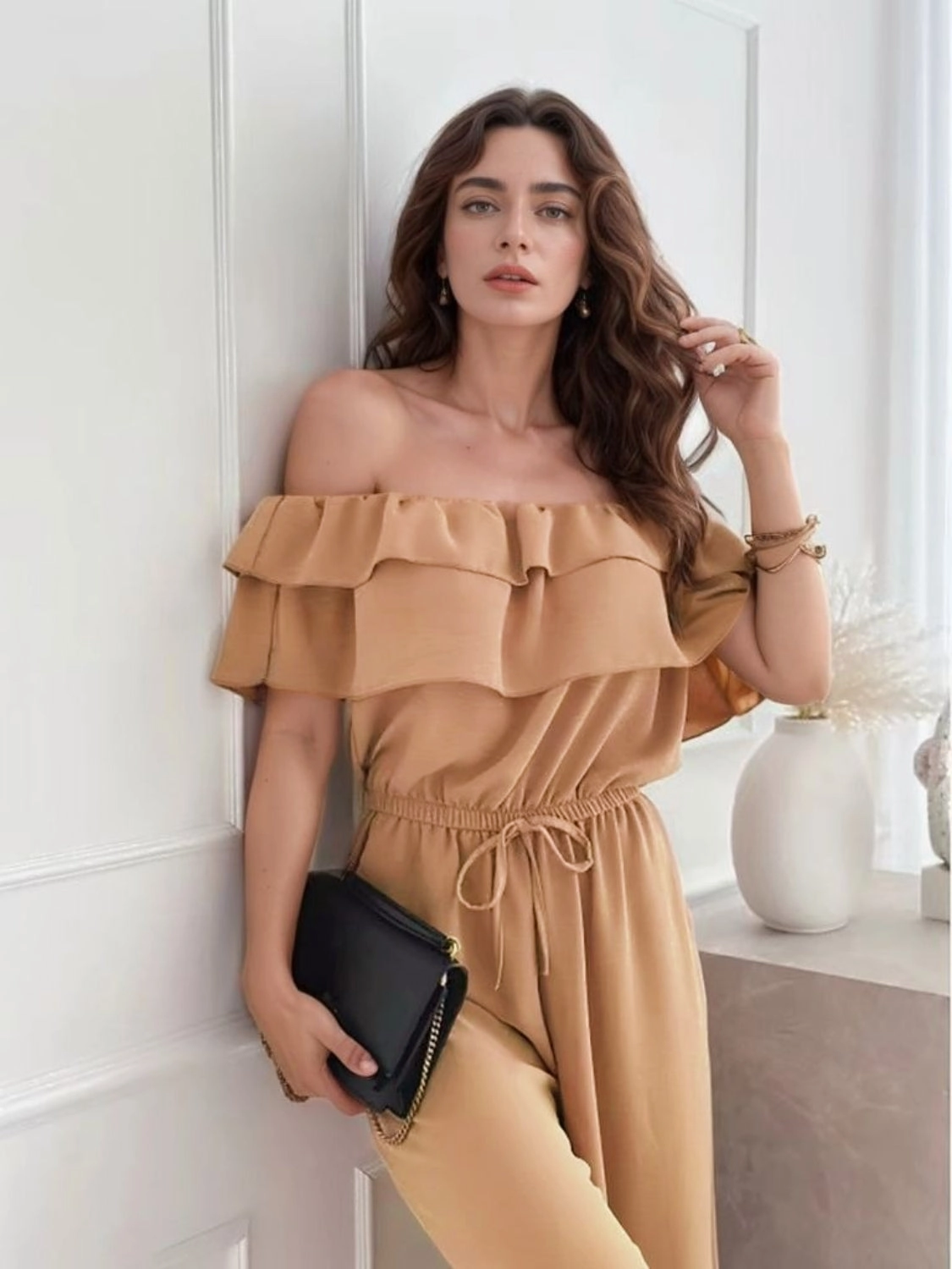 Mega Savings Now Ruffled Off-Shoulder Wide Leg Jumpsuit
