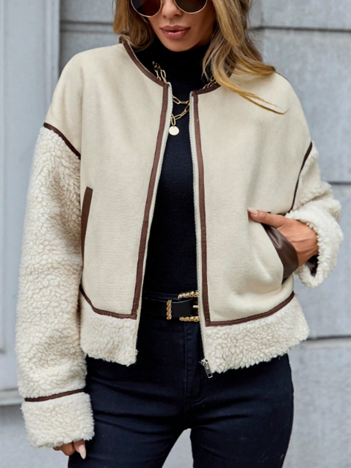 Grab the Deal Now Contrast Trim Zip Up Sherpa Jacket