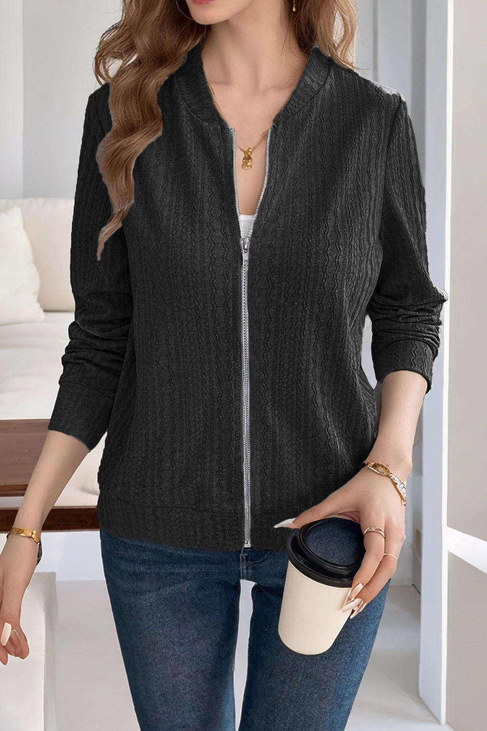 Grab Save Today Baseball Collar Zip Up Long Sleeve Jacket