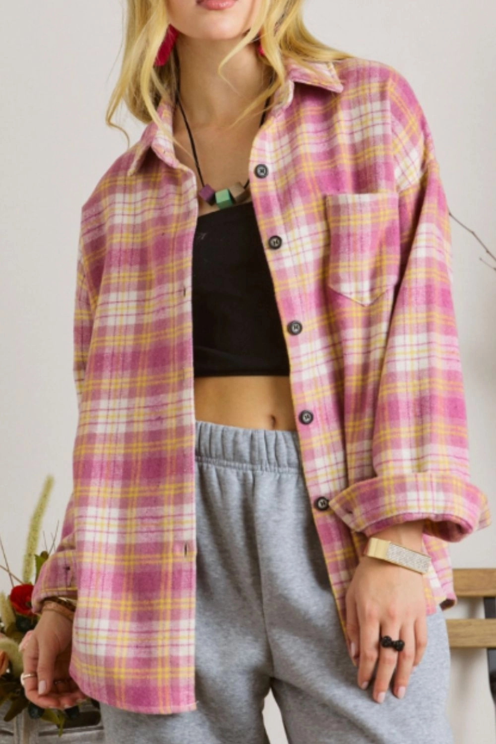 Best Deal Online Today Only Savings Plaid Collared Neck Button Up Shacket