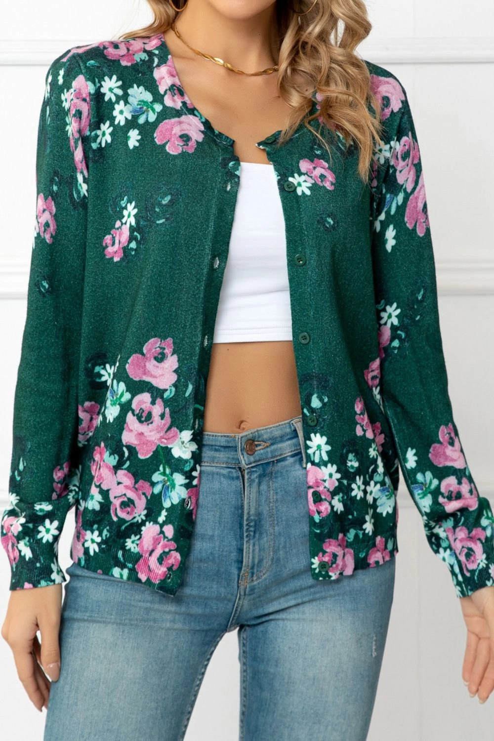 Woven Right Floral Button Front Round Neck Cardigan Mega Discount Event Price Drop Frenzy