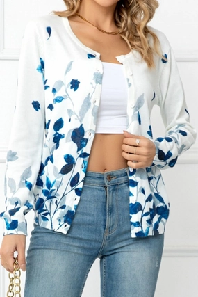 Exclusive Online Offer Grab Your Savings Woven Right Floral Button Front Round Neck Cardigan