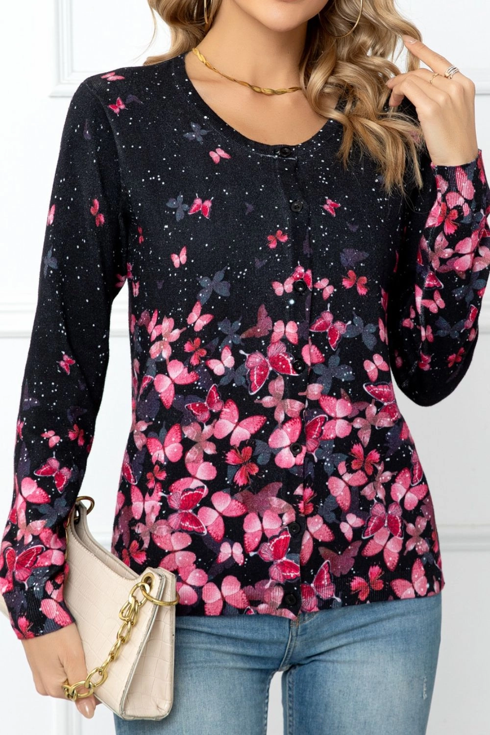 MustHave Gift Ideas Woven Right Floral Button Front Round Neck Cardigan