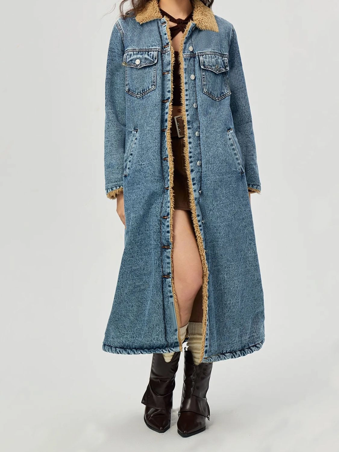 Pocketed Button Up Denim Jacket With Fur Lining Big Savings Event