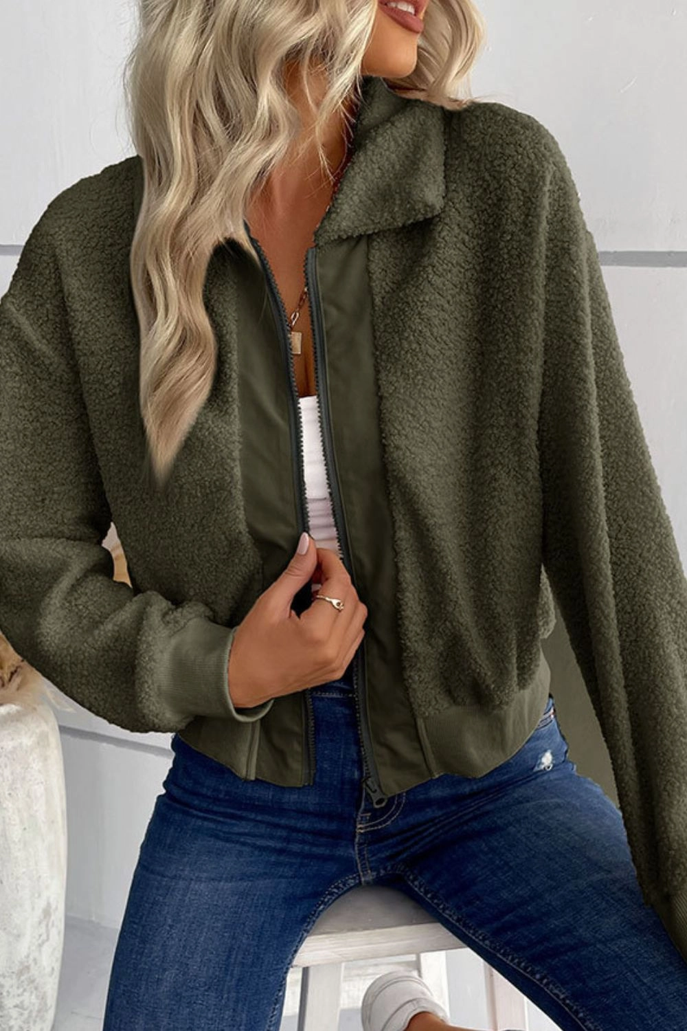 Perfee Zip-Up Sherpa Collared Neck Jacket With Pockets Clearance Event Grab the Deal Now
