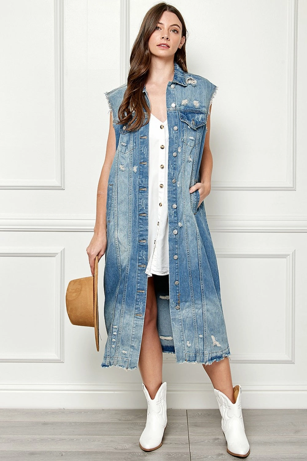 Veveret Full Size Distressed Sleeveless Longline Denim Jacket Exclusive Deal Inside Gift Sale Event