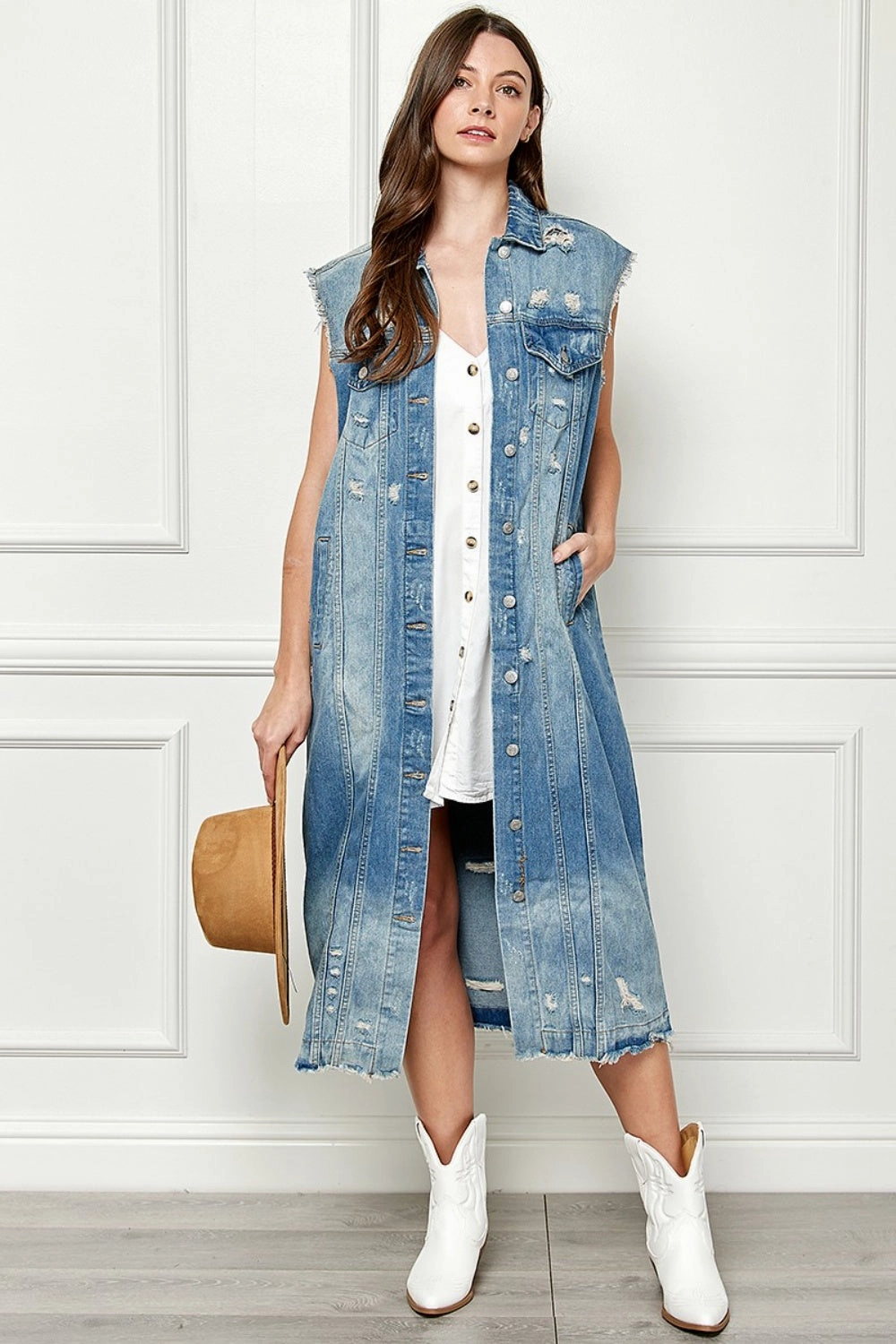 Veveret Full Size Distressed Sleeveless Longline Denim Jacket Mega Online Discount