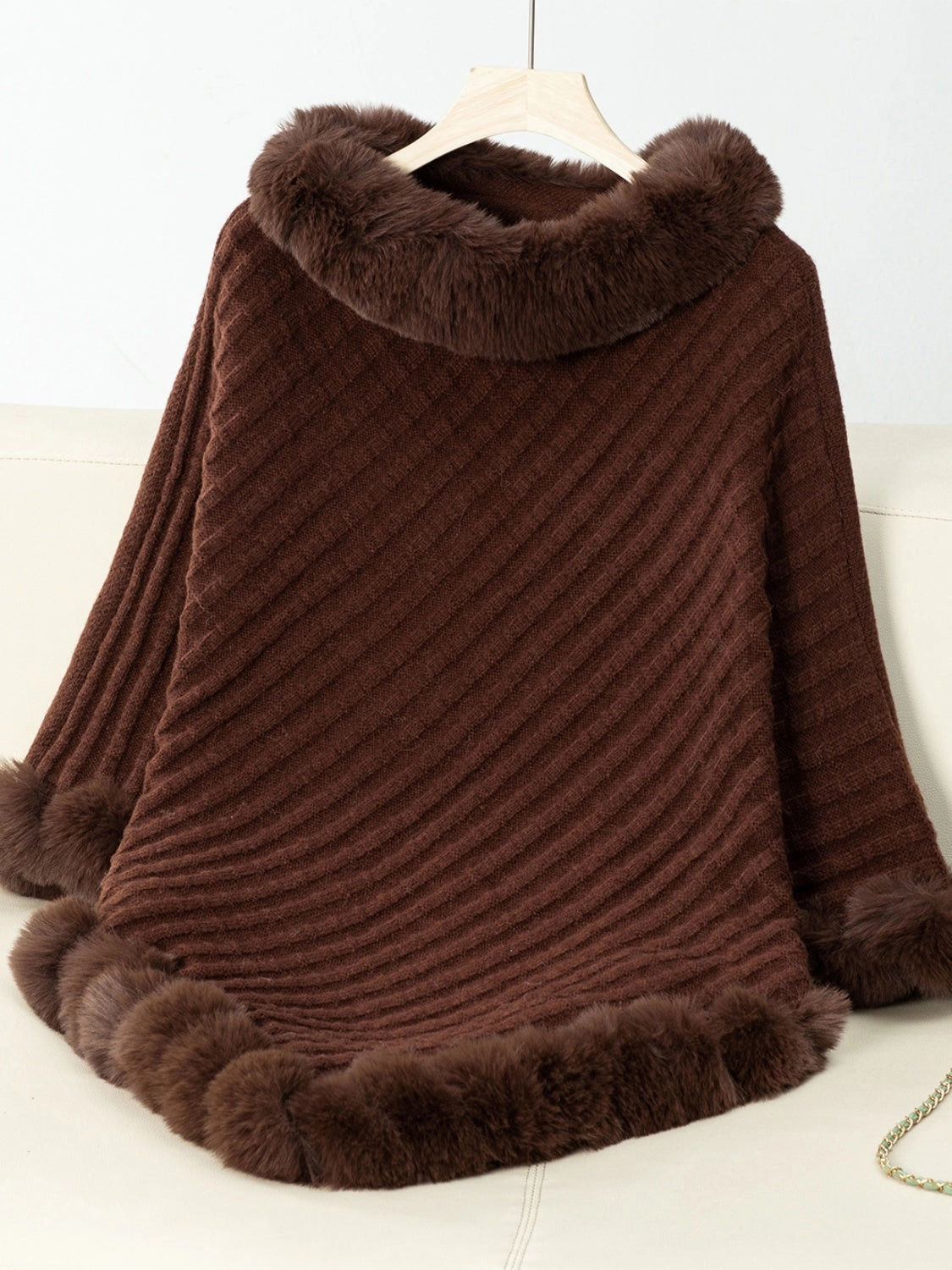 Fuzzy Trim Texture Three-Quarter Sleeve Poncho Special Deal Frenzy