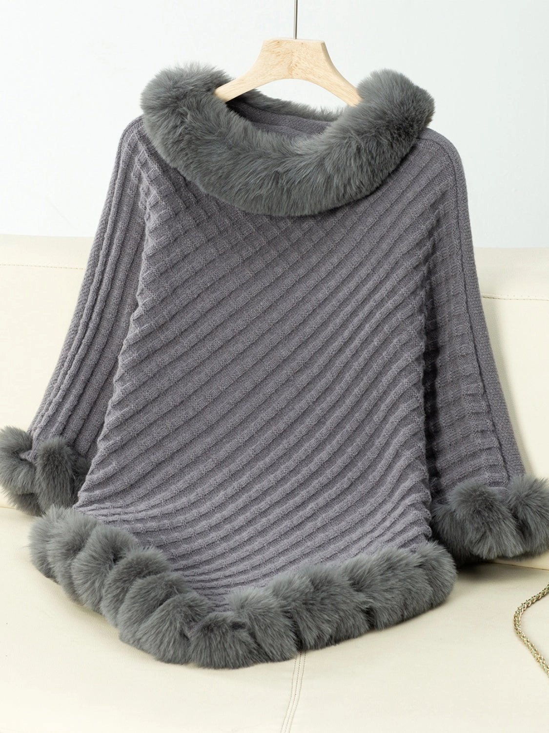 Fuzzy Trim Texture Three-Quarter Sleeve Poncho Hot Item Clearance Hot Offer Inside