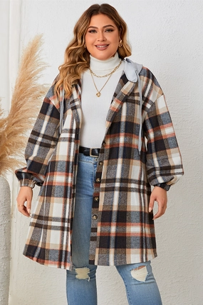 Special Price Offer Honey Plus Size Plaid Drop Shoulder Hooded Coat