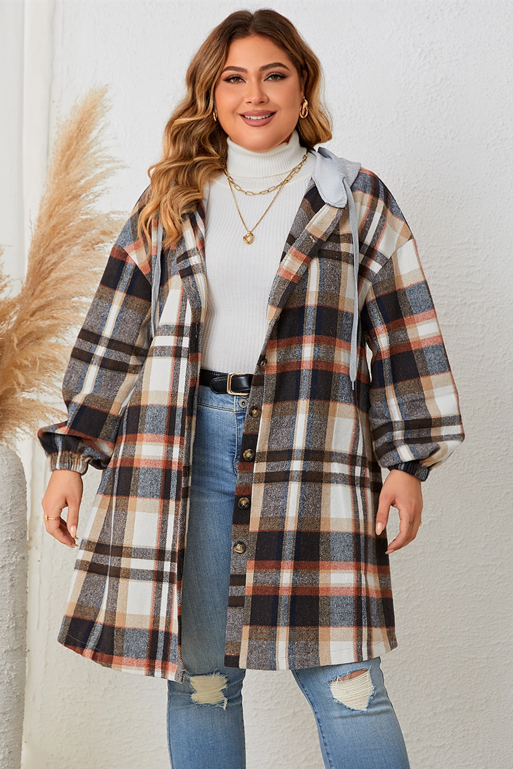 Honey Plus Size Plaid Drop Shoulder Hooded Coat Hot Sale Alert Today Only Discount