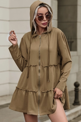 Online Exclusive Savings Todays Hot Savings Zip Up Frill Drawstring Hooded Jacket