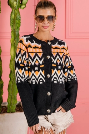 Bibi Ethnic Pattern Button Up Knit Cardigan Hot Sale Frenzy