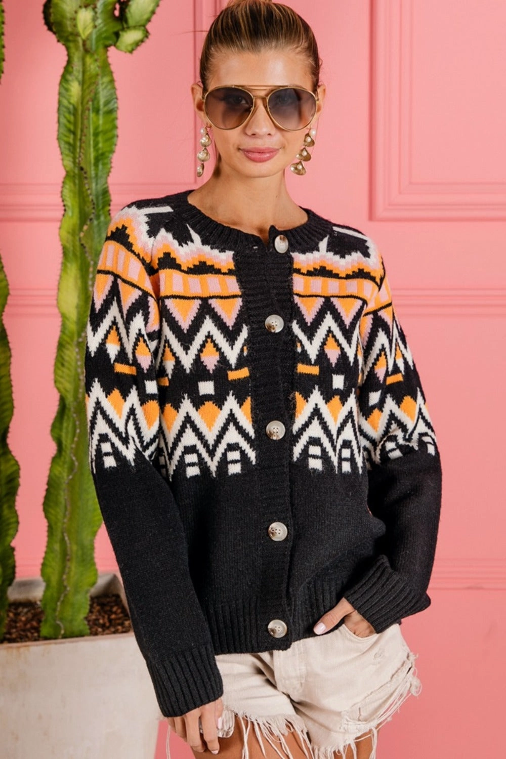 Grab Your Hot Pick Bibi Ethnic Pattern Button Up Knit Cardigan