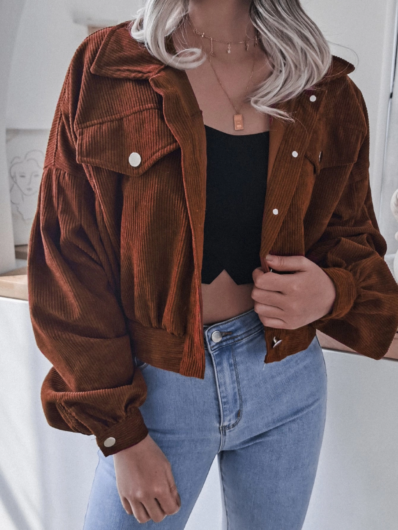 Lantern Sleeve Cropped Corduroy Jacket Instant Hot Deal