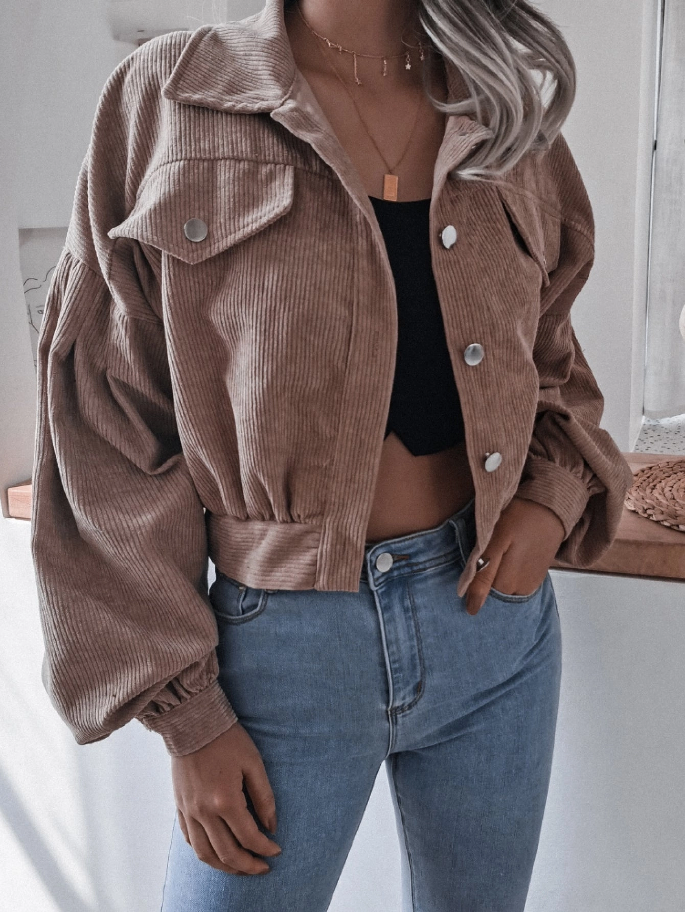 Clearance Alert Now Lantern Sleeve Cropped Corduroy Jacket