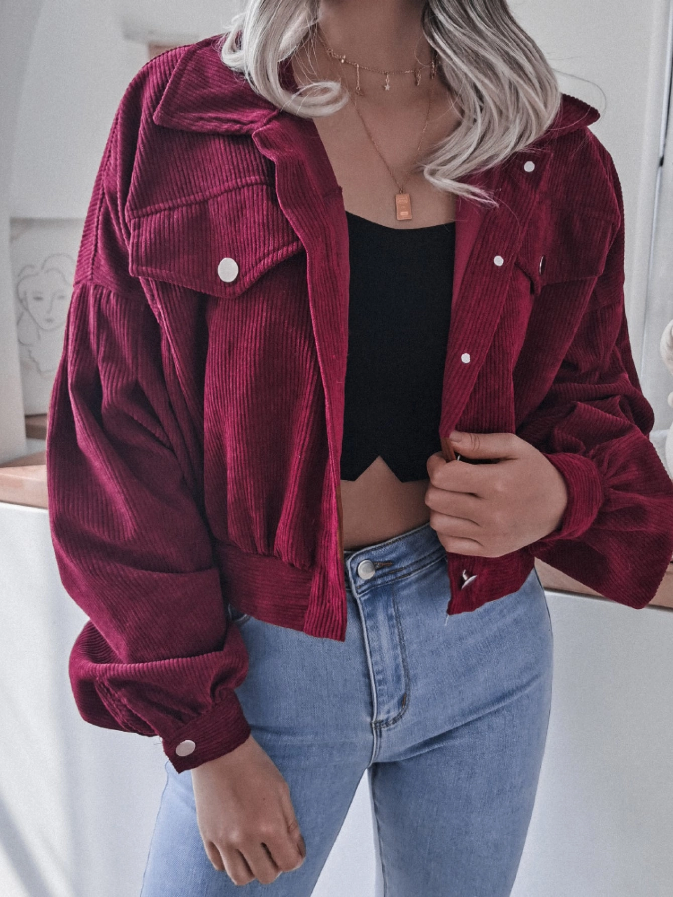 Deal of the Day Flash Offer Today Lantern Sleeve Cropped Corduroy Jacket