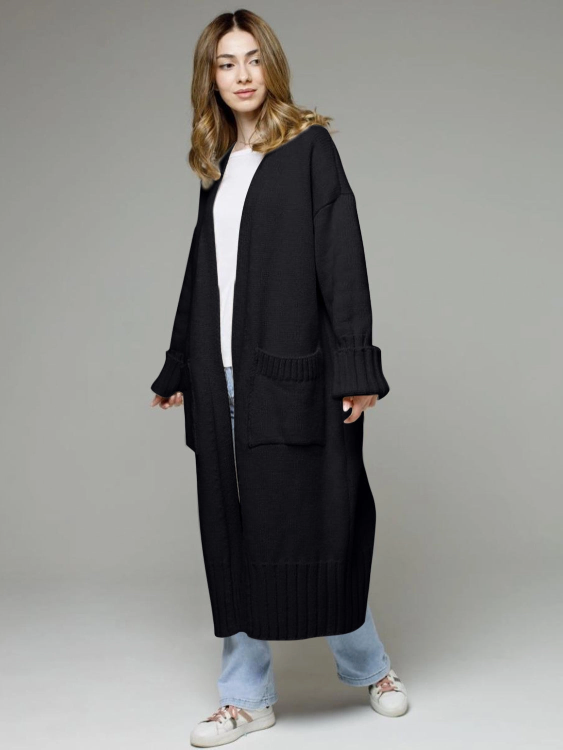 Pocketed Open Front Dropped Shoulder Cardigan Exclusive Online Discount Big Savings Alert