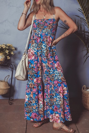 Floral Smocked Spaghetti Straps Wide Leg Jumpsuit Save Today Only New Arrival Discount