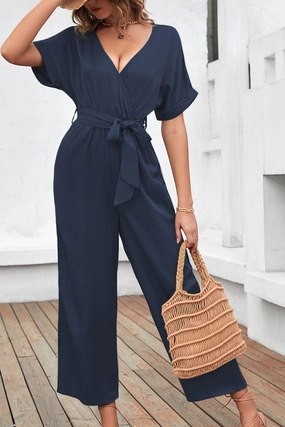 Sweet Deal Today Tie Waist Surplice Wide Leg Jumpsuit