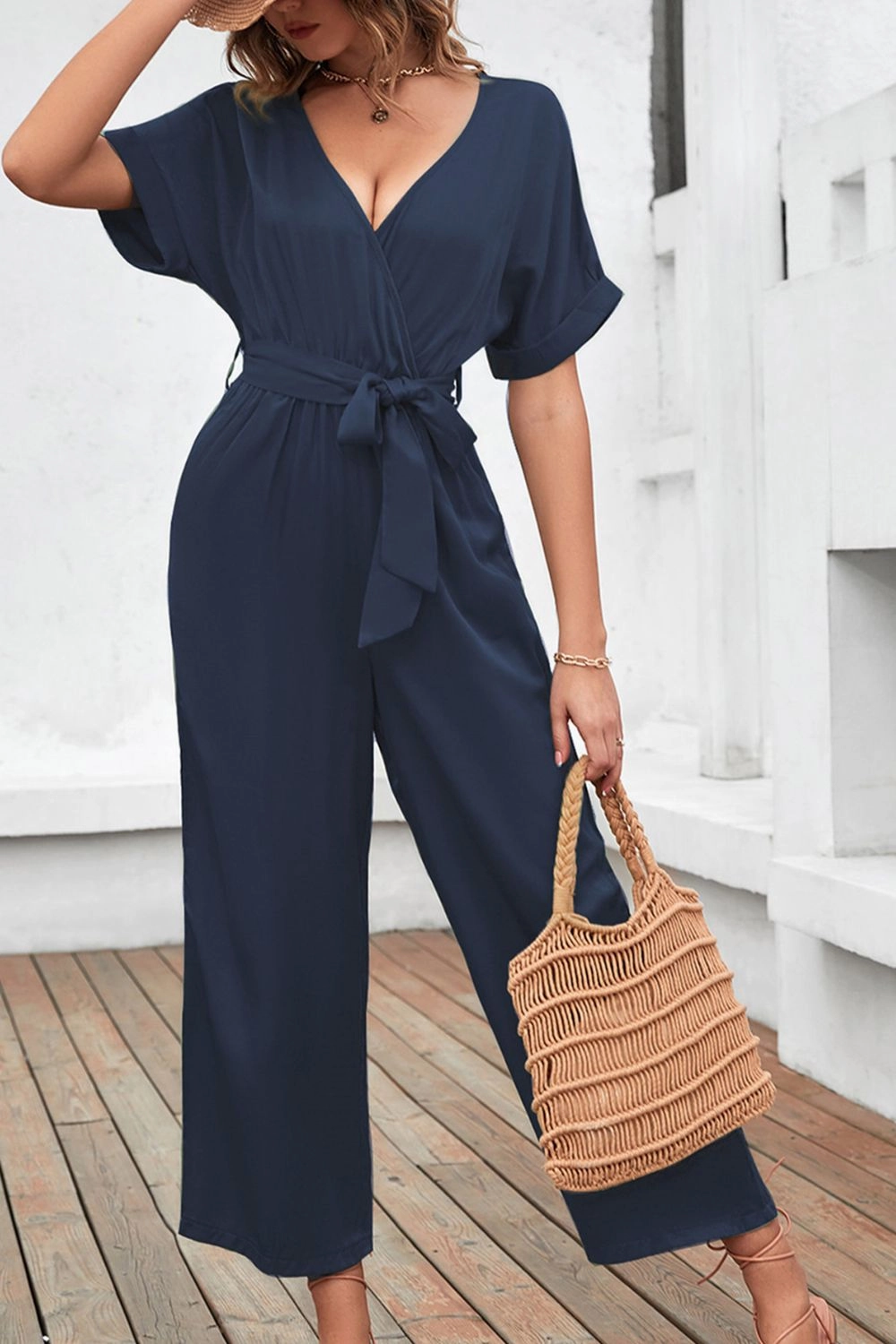 Sweet Deal Today Tie Waist Surplice Wide Leg Jumpsuit