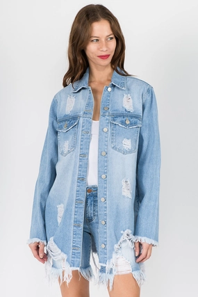 American Bazi Distressed Frayed Hem Denim Jacket Limited Time Discount
